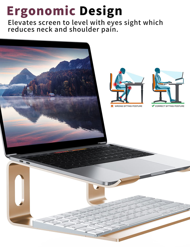ALASHI Laptop Stand for Desk, Aluminum Computer Riser, Ergonomic Notebook Holder, Detachable Metal Laptops Elevator, PC Cooling Mount Support 10 to 15.6 Inches Notebook, Gold D-Gold