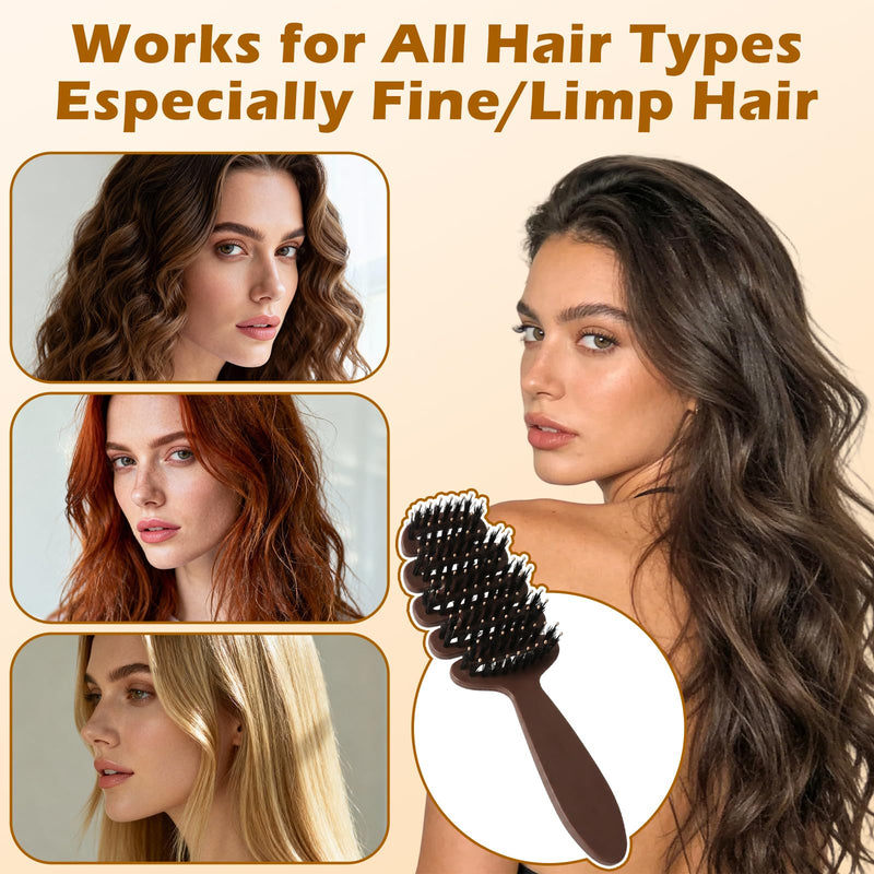 Bristle Hair Brush, Slick Back Styling Brush with 10° Concave Design, 5-Hole Hot Air Flow for Quick Drying, Detangling & Anti-Frizz, Scalp Massage Hairbrush Suitable for All Hair Types Brown