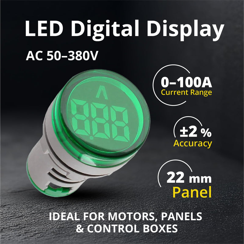Digital Led Display Indicator Ammeter, 0-100A Max AC380 Current Meter and 220V - Gauge Meter, Tester Amp Monitor - AD101-22AM Model, Circle Panel, Green (3 Pack) 3