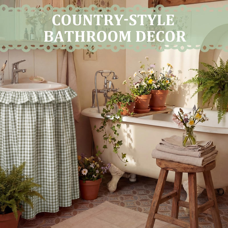 Green Ruffle Gingham Sink Skirt Self-Adhesive Bathroom Stitch Self Stick Adhesive Fabric Under Sink Curtain Skirt 55'' x 32'' for Bathroom Kitchen Laundry Utility Room Decor (32 x 55in) Green 32 x 55 in Plaid