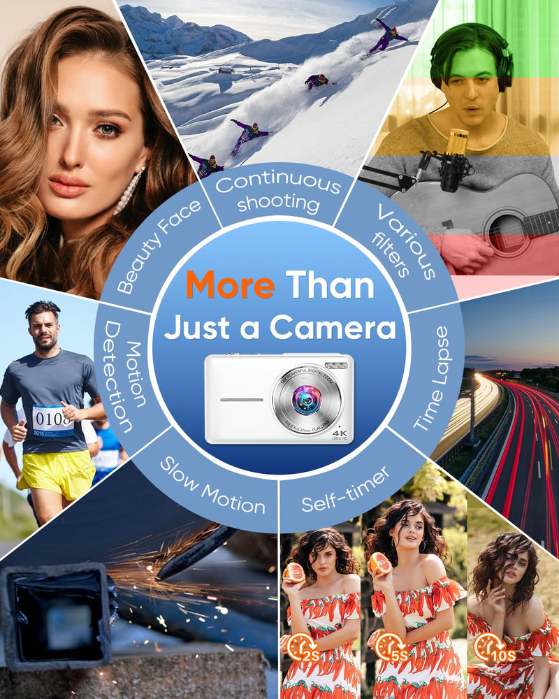 Digital Camera, 4K 64MP Autofocus 16X Zoom Camera with Dual Lens(White) | 2026 Latest Anti-Shake Point Shoot Camera, Compact Travel Vlogging Camera for Teens Adults Beginner, 32GB Card, 2 Batteries White