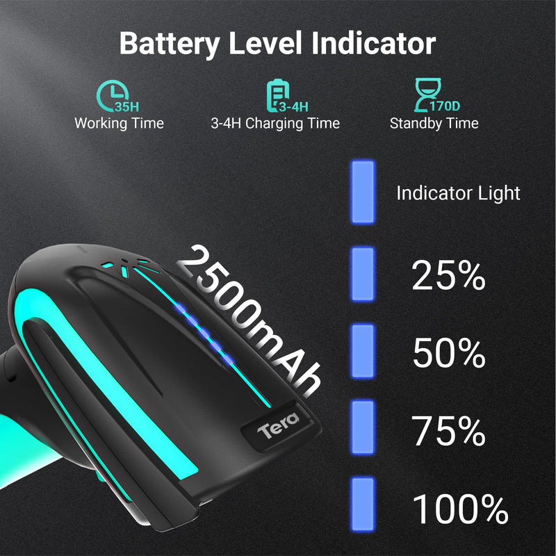 Tera Barcode Scanner Wireless 2D QR with Stand: Pro Version Battery Level Indicator 2500mAh Industrial Grade Bar Code Reader Works with Bluetooth 2.4G for Windows Mac Android iOS 8100 Pro Blue