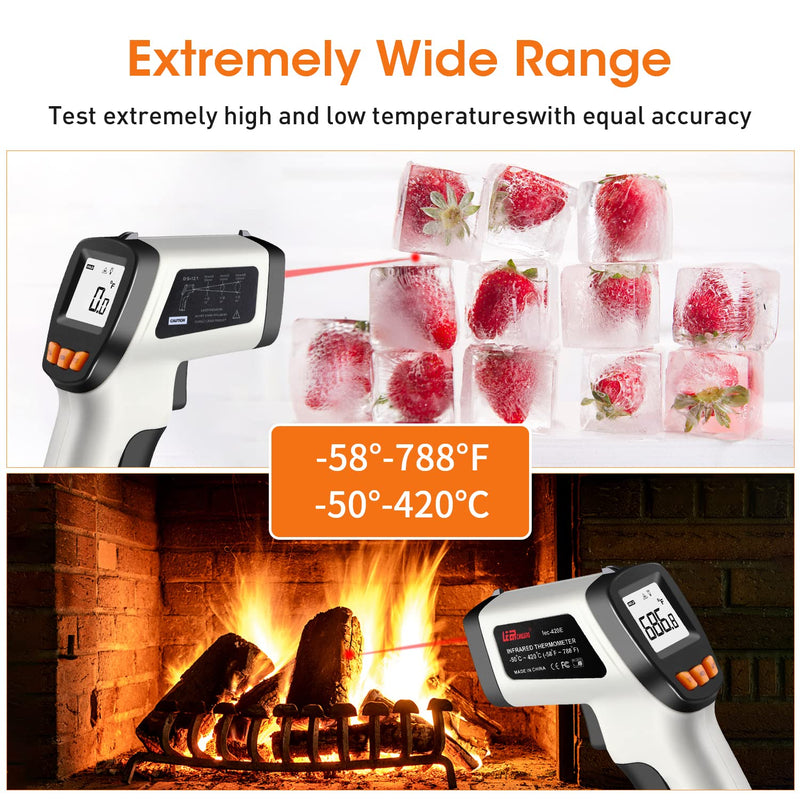 Infrared Thermometer, LEERCHUANG Digital Temperature Gun for Pizza Oven, Non-Contact Laser Thermometer Gun W Adjustable Emissivity for Cooking/Industrial, -58°F ~ 788°F (-50°C ~ 420°C), Gray 788°F-Gray