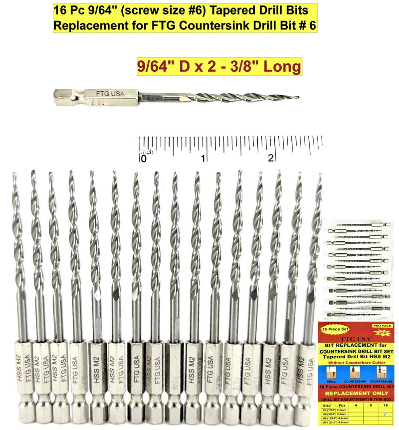 FTG USA 12 Pc #6 (9/64") Adjustable Wood Countersink Drill Bit Set Case | 12pc counter sink drill bit for wood, all same size; parabolic flute, 2 depth stop collar, hex key, storage container 12 Pc Same Size