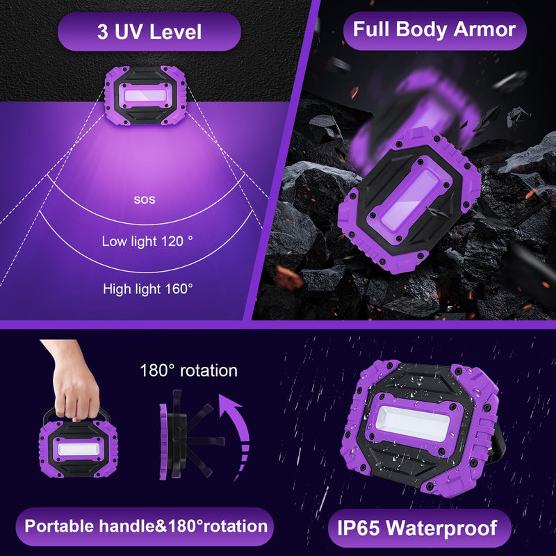 roperry 2 Pack Rechargeable Black Light, 5000mAh Cordless Battery Powered Magnetic Portable LED Blacklight, 395nm Ultraviolet Flood Light for Glow, Dark Party, Catfishing,Halloween(2 Pack)