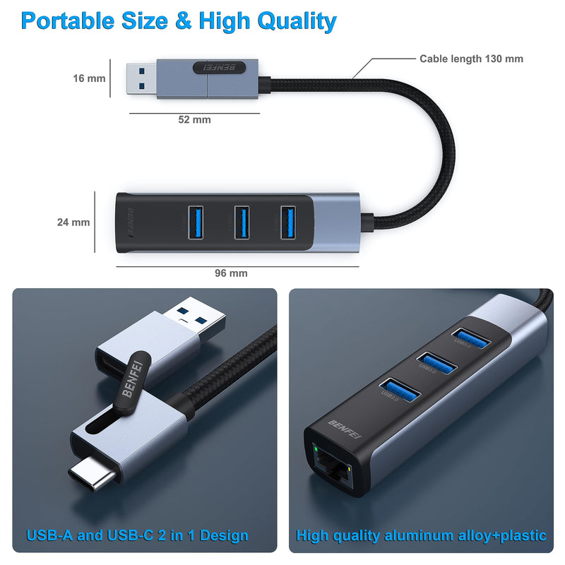 BENFEI 2-in-1 USB-C USB 3.0 to Gigabit Ethernet Adapter, 3-Port USB 3.0 Hub with RJ45 Compatible with MacBook Pro/Air 2023, iPad Pro, iMac, S23, XPS 17, Surface Book 3 and More