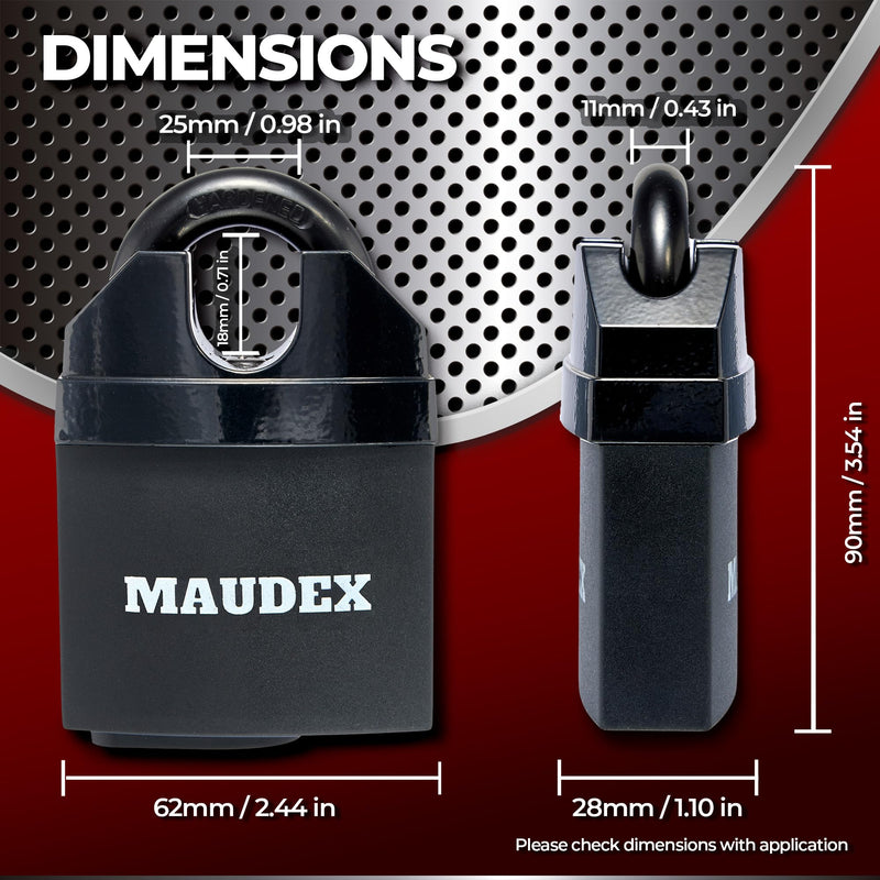Maudex® MDL60 High Security Padlock for Outdoor Use - [10 Keys] - [Anti Drill, Anti Pick Cylinder] - Ideal Lock for Storage Unit, Shed, Gate, Container with 0.67” Shackle Clearance 60 mm Normal Shackle Black