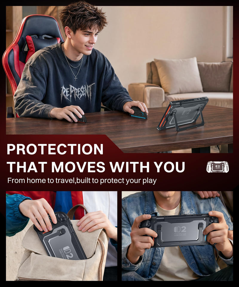 GolbinBox Hard Shell Case for Nintendo Switch 2 with Kickstand, Black | Magnetic split design, aluminum stand, military-grade protection, detachable Joy-Con covers, for travel and commuting