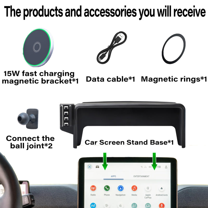 Car Phone Mount for Ford Mustang Mach-E 2021-2026 15.5" Screen Accessories | MagSafe 15W Fast Wireless Charger Cell Phone Holder,360° Rotatable 3D Fit Navigation Clip-On Cradle,will Not Block Air Vents fit for 2021-2026 Ford Mustang Mach-E(15.5 Inch)