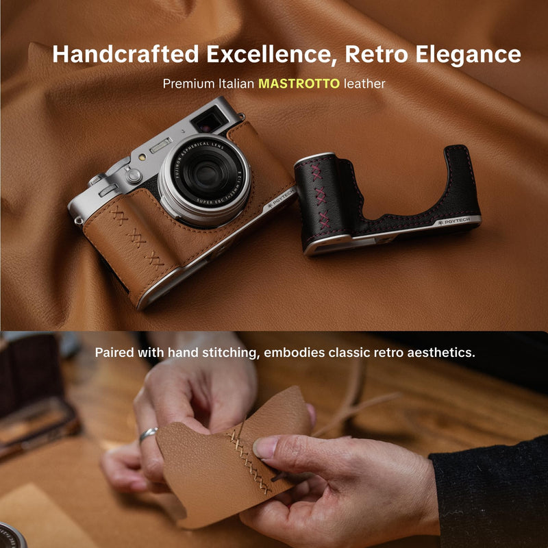PGYTECH Genuine Leather Camera Half Case for FUJIFILM X-M5 | Midnight Black Retro Style Leather Protector with Integrated Grip Handle, Aluminum Alloy Base & SD Card Slot