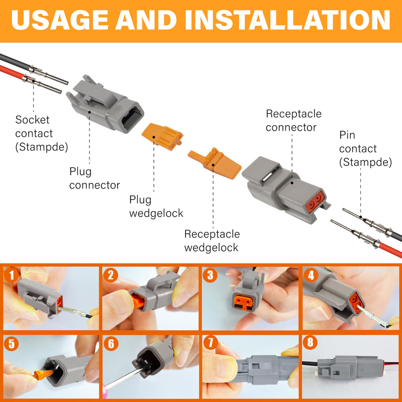 Deutsch DTM Grey 4 Pin Connectors 6 Sets, Waterproof Electrical Wire Connector with Stamped Contacts and Seal Plug for Truck, Off-Road Vehicles, Construction, Agriculture, Marine, Motorcycle Wiring 4Pin-6 Set