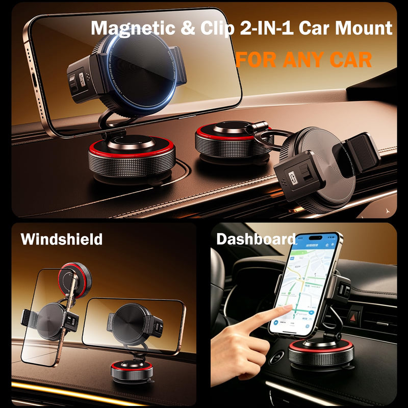 for Magsafe Car Mount, Magnetic Clip 2-in-1, Vacuum Gel Suction Cup | Steady Durable 360° Rotating Adjustable Heat & Cold Resistant Foldable for iPhone Android Kitchen Office Desktop Travel Black