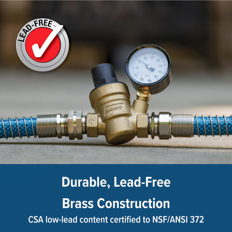 Camco Adjustable RV/Marine Brass Water Pressure Regulator | Help Stop Damage to RV/Marine Appliances, Plumbing Fixtures, and Hoses | Features Standard Garden Hose Threads for Simple Hookup | (40058)