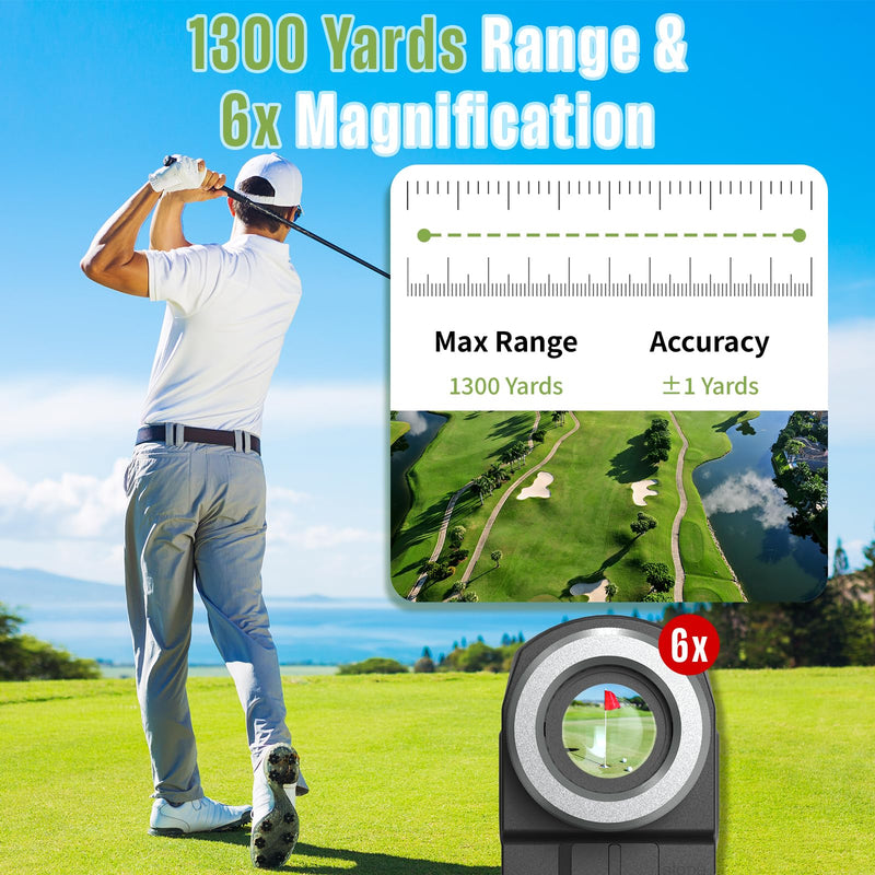 Golf Rangefinder & Hunting Range Finder with Slope Switch | 1300 Yards, 6X Magnification, Rechargeable Battery, Magnet Stripe, Flag Pole Locking Vibration, Golfing Accessories for Men