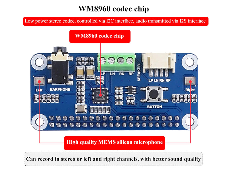 WM8960 Audio HAT Compatible with Raspberry Pi 5/4B/3B+/3B/Pi Zero/Zero W/Pi Zero 2W/Zero 2WH/Pico W/Pico 2W, WM8960 Hi-Fi Sound Card HAT, Stereo CODEC, Hi-Fi Play/Record, Come with 8Ω 5W Speaker