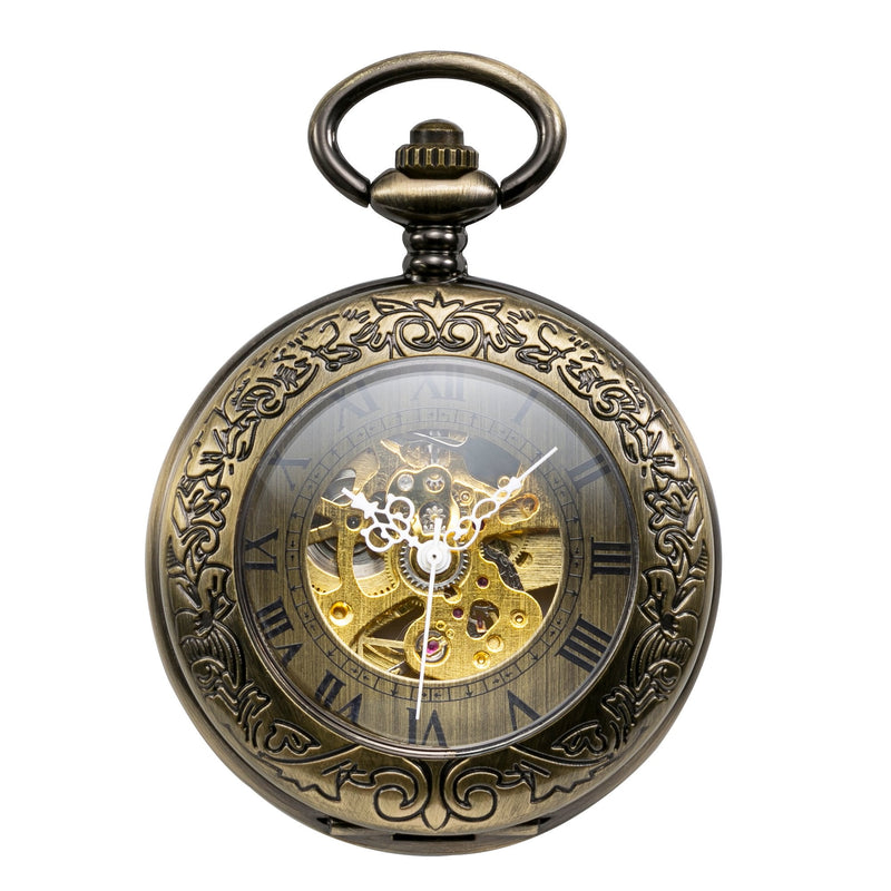 Automatic Mechanical Pocket Watch Magnifier Case Steampunk Skeleton Roman Numerals Dial for Men Women Bronze