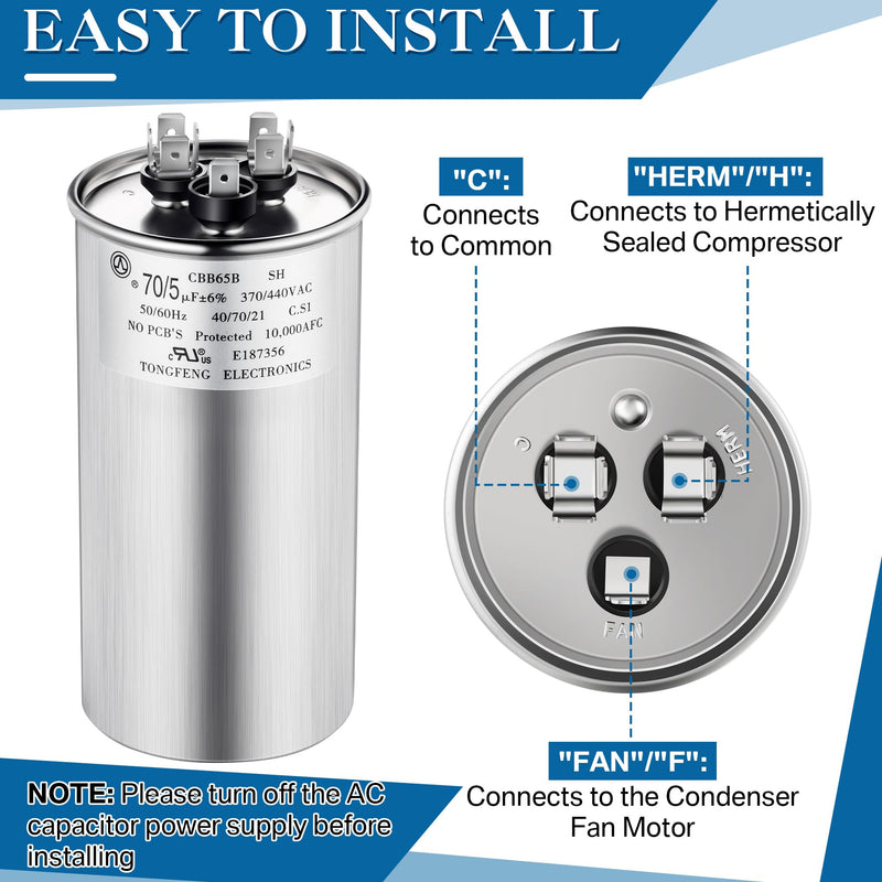 Umigy 2 Pack 70/5 uF 70+5 MFD 370/440VAC Dual Run Round Capacitor, CBB65B Air Conditioner Capacitors for AC Motor Run, Condenser Straight Cool, Heat Pump, Fan Start, Pool Pump, HVAC Capacitor 70+5 uF