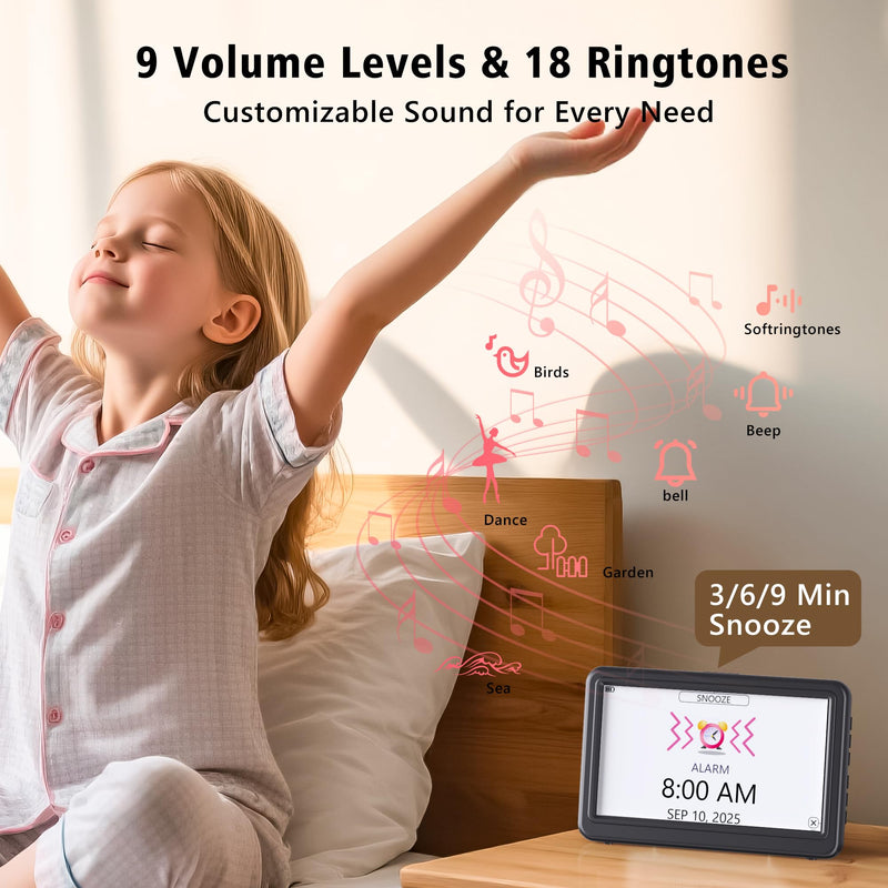 Rechargeable Digital Calendar Alarm Clocks for Senior, 7" Clock with Day and Date for Elderly, 20 Reminders & Alarms, Auto Dimmer/DST, 12 Themes, 18 Ringtones for Dementia Memory Loss, 1024*600 HD Black