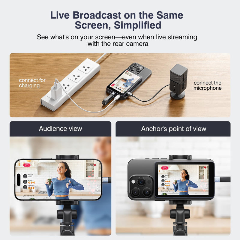TTQ 4K 60fps Vlog Selfie Monitor Screen, Magnetic Phone Vlog Selfie Monitor | Back Camera Monitor Screen, Bluetooth Remote, for Vlogging, TikTok, Live Stream, Compatible with iPhone & Android, Dark Navy