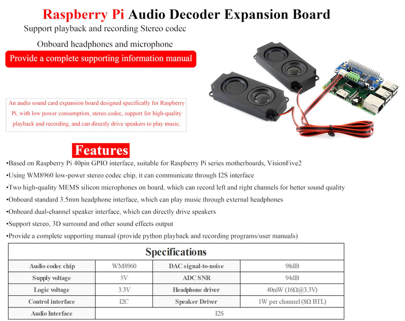 WM8960 Audio HAT Compatible with Raspberry Pi 5/4B/3B+/3B/Pi Zero/Zero W/Pi Zero 2W/Zero 2WH/Pico W/Pico 2W, WM8960 Hi-Fi Sound Card HAT, Stereo CODEC, Hi-Fi Play/Record, Come with 8Ω 5W Speaker