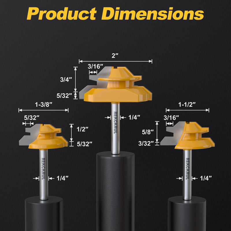 Professional 3 PCS 45 Degree Lock Miter Router Bit Set - Carbide Tipped, 1/4" Shank, Cutting Height: 1/2", 5/8", 3/4", Woodworking Tools for Cabinets, Drawers, Doors & Furniture 1/2", 5/8", 3/4" Cutting Heights 1/4" Shank - 3 Piece Set