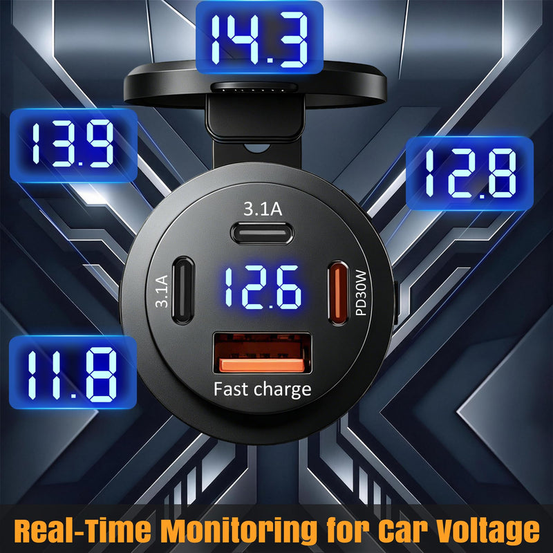 2 PCAK 12V USB Outlet PD Fast Charging, Multi Port Car Charger Socket 12V/24V with Voltmeter, Waterproof USB Cigarette Lighter Replacement for Car Boat Marine RV Golf Cart