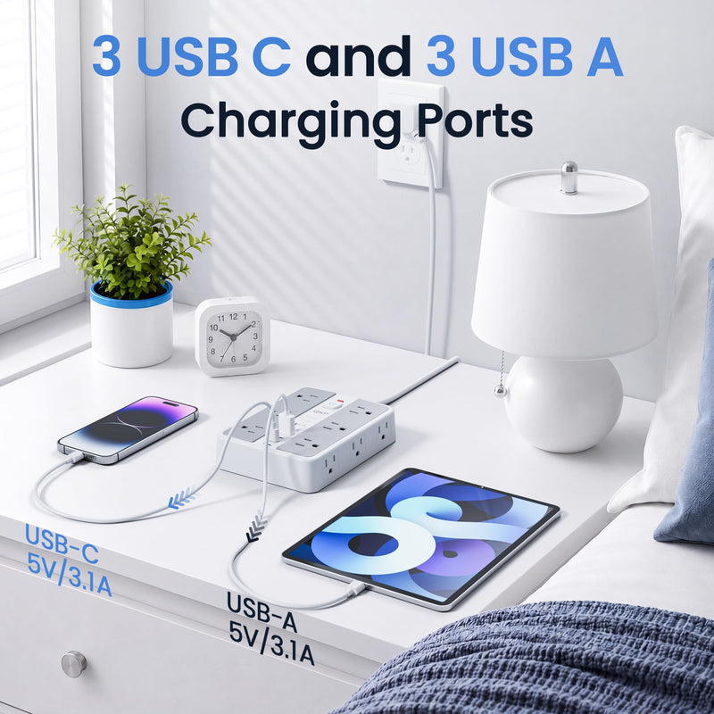 6 FT/ 2400J Surge Protector Power Strip, 12 Outlets, 6 USB (3 USB C) | 3 USB-A & 3 USB-C Ports, 1.7" Wide-Spaced Outlets，2400J Surge Protection, 1875W/15A Flat Plug Extension Cord for Home, Office White / Gray 6 FT