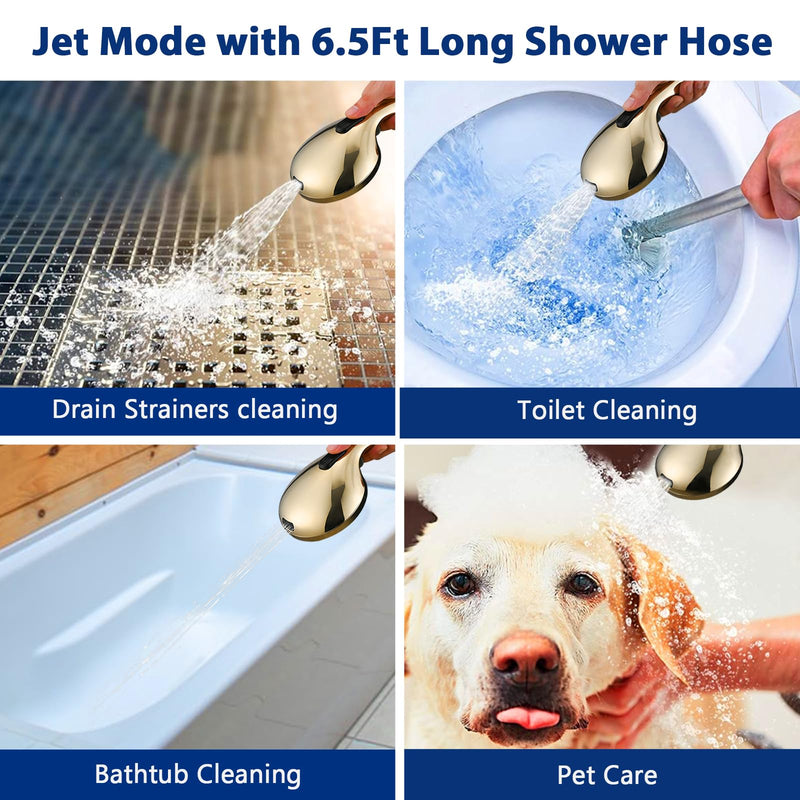 High Pressure 10 Setting Handheld Shower Head, 5" Detachable Showerhead Spray Built-in Power Wash to Clean Tub, Tile & Pets, 79" Extra Long Stainless Steel Hose, Adjustable Bracket - Gold Zirconium Gold