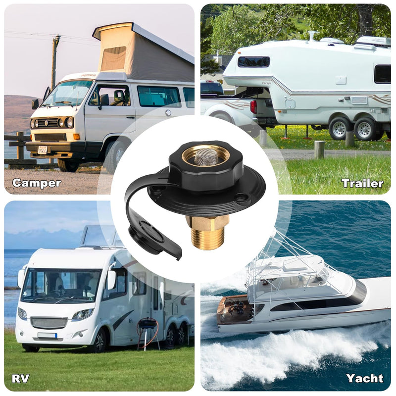 RV City Water Inlet Connection with Brass Threaded Check Valve and Dustproof Cover Leak-Proof Inlet Hose Adapter for Fresh Water Fill Compatible with Camper Trailer Motorhome Marine (Black S) Small-black