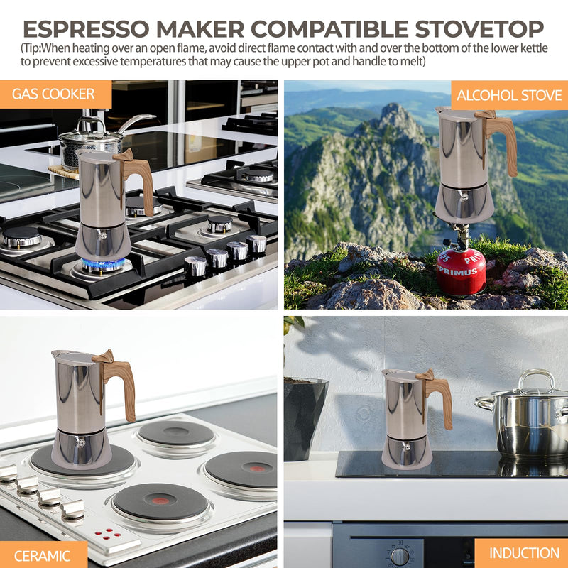 Uncoated 6 Cup Moka Pot 304 Thickened Stainless Steel Coffee Maker Stovetop Espresso Coffeemaker Italian Classic Style Brewing Greca Cafe Mocha Machine for Cafeteras Camping Travel Home 300ml 10oz