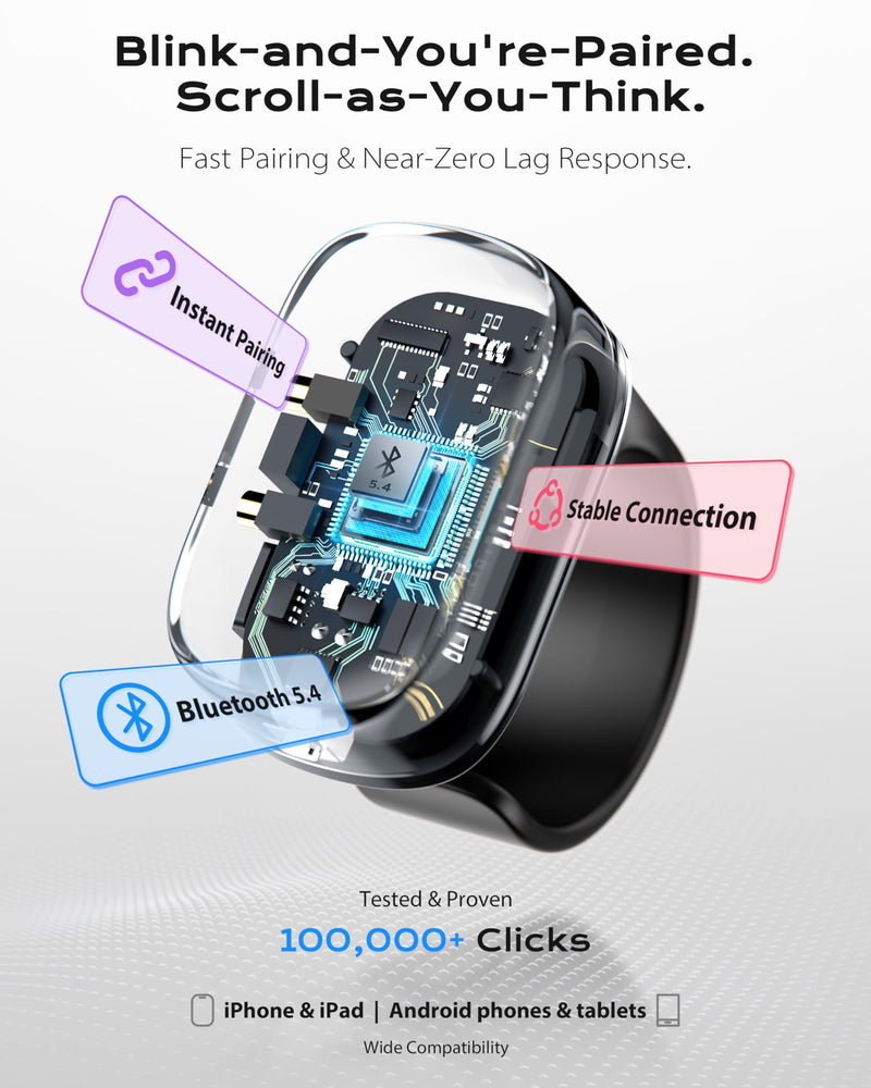 Stouchi Bluetooth 5.4 Scrolling Ring for TikTok with 100H Battery | Rock-Solid Connection | 4.5g Comfortable Fit | No Annoying Dots | Fingertip Camera Remote Control for iPhone/iPad/Android