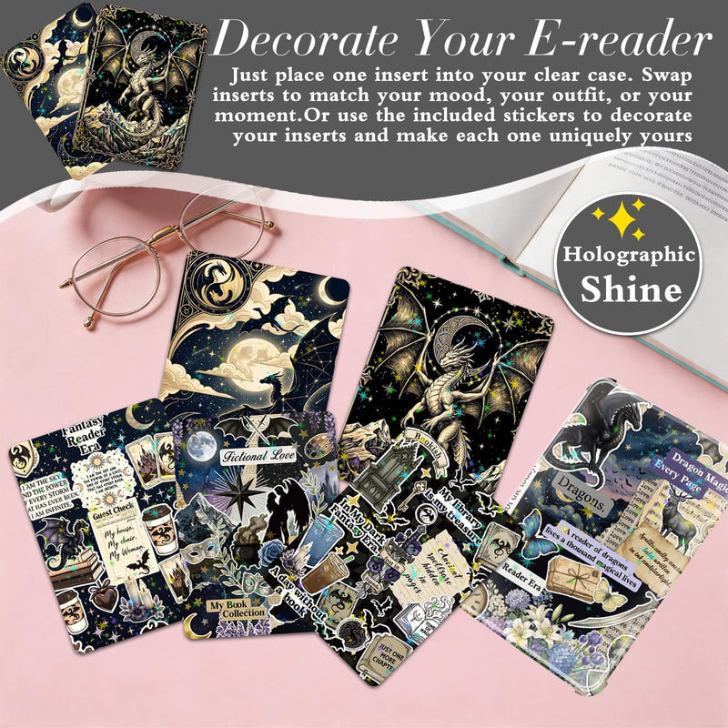 Inserts Cardstock for Clear Case - 8 Pcs Fantasy Dragon Back Cover Skin Card Cool Dust Plug Charm Chain for Kindle Paperwhite 11th 12th E-Reader Decorative Accessories Bookish Readers Gift 6.8" × 4.8"
