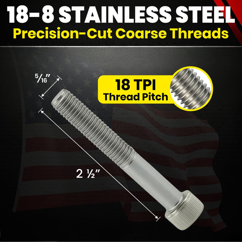 Chenango Supply 5/16-18 x 2-1/2 Stainless Steel Socket Head Cap Screws – 18-8 Stainless, Full Thread, Hex Drive 1/4, Coarse Thread Machine Screws, 25 Pieces (5/16-18 x 2-1/2)