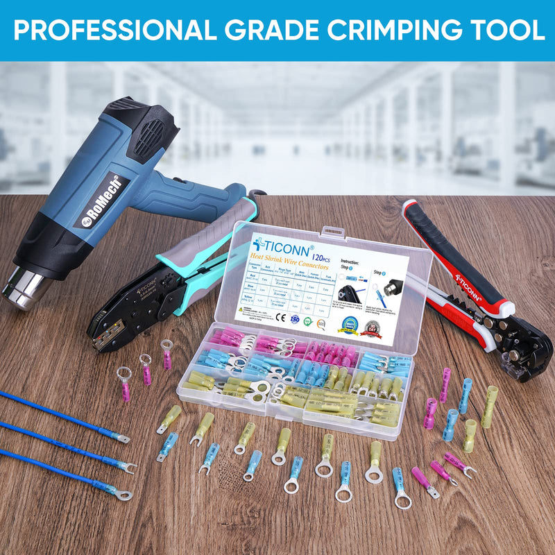 TICONN 400Pcs Heat Shrink Wire Connectors, Waterproof Automotive Marine Electrical Terminals Kit, Crimp Connector Assortment, Ring Fork Spade Butt Splices 400PCS Combo