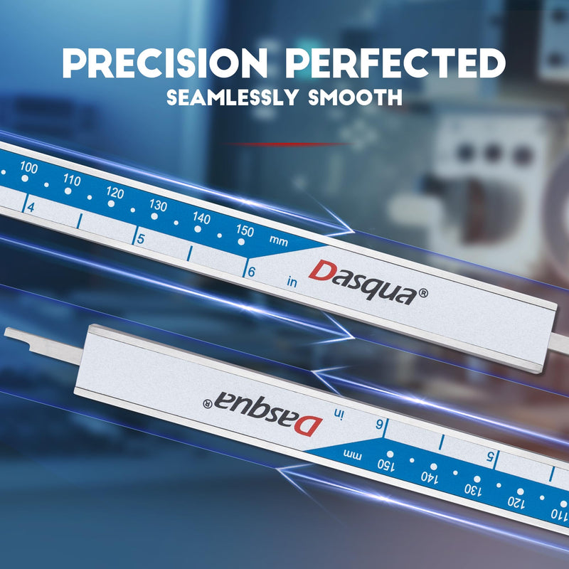 Dasqua 6”/150mm Digital Caliper, Stainless Steel Precision Measuring Tool with Advanced Dual Chip, Large LCD, Resolution 0.0005”/0.01mm, Accuracy ±0.001”/0.02mm 0-6"