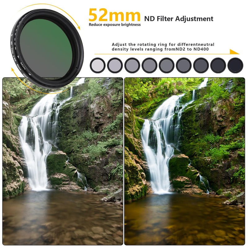 52MM Variable ND2-ND400 Filter, Ultra Slim Multi-Coated Adjustable Neutral Density Filter, Clip-on Phone Lens ND Filter Kit, Compatible for iPhone 15 14 13 12 11, Google Pixel and Other Smart Phones