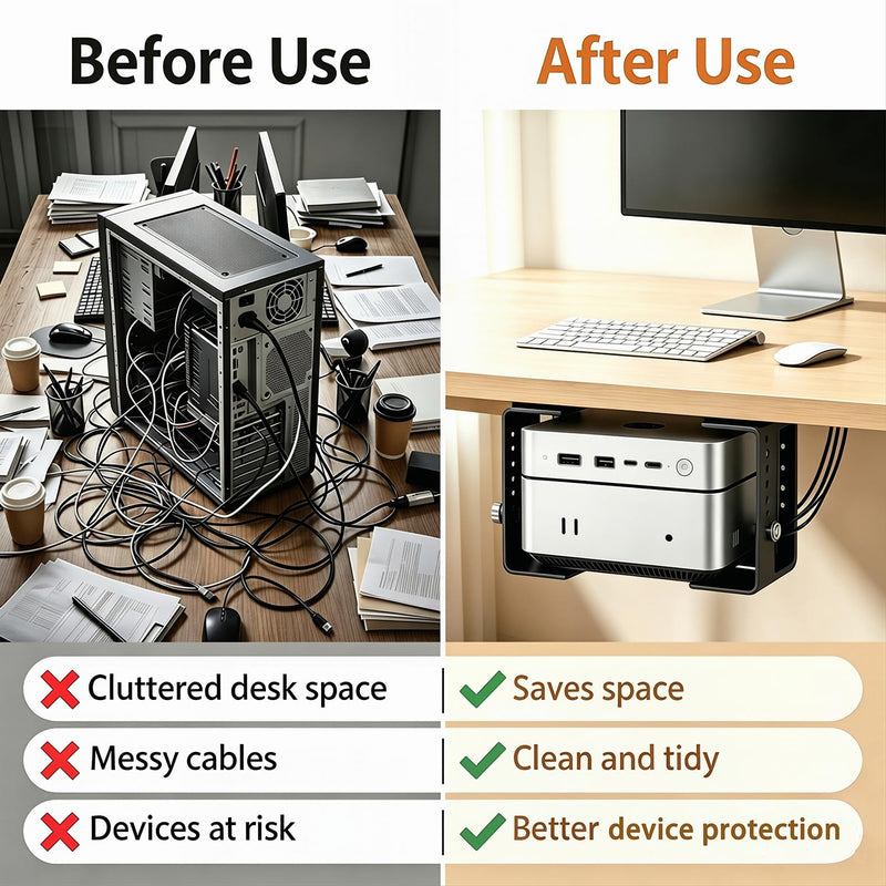 8-Level Height Adjustable Metal Under Desk Mini PC Mount Bracket | 1.8" to 3.9" height adjustable, with two different interchangeable lower components, Side Port Design, Space-Saving