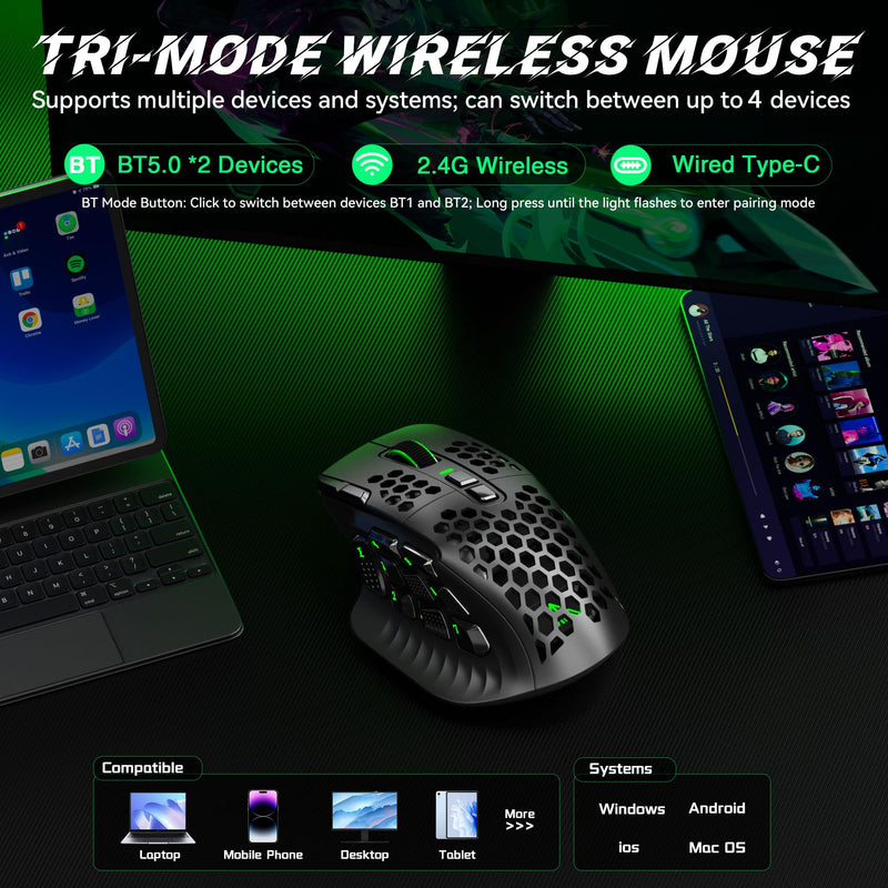 SOLAKAKA SM809 Pro Tri-Mode MMO Gaming Mouse, 16 Programmable Buttons with Interchangeable Magnetic Side Panels,PAW3311 24000 DPI Wireless Mouse, BT5.0/2.4G/Type C Wired PC Gaming Mice for Gamer,Black Black