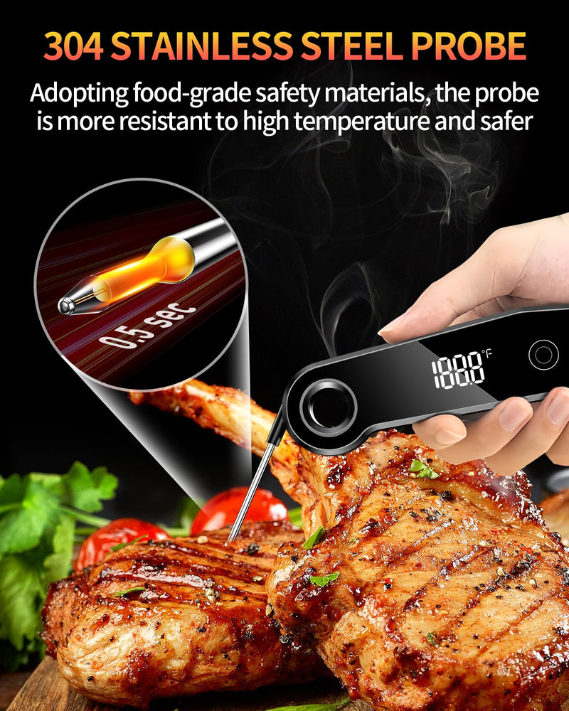 2025 Upgrade Meat Thermometer Digital for Cooking, 0.5s Instant Read Food Thermometer, ±0.5 ℉ Accuracy Kitchen Thermometer, Large LED Display, IP67 Waterproof for Grill, BBQ, Oven, Brewing, Baking Black