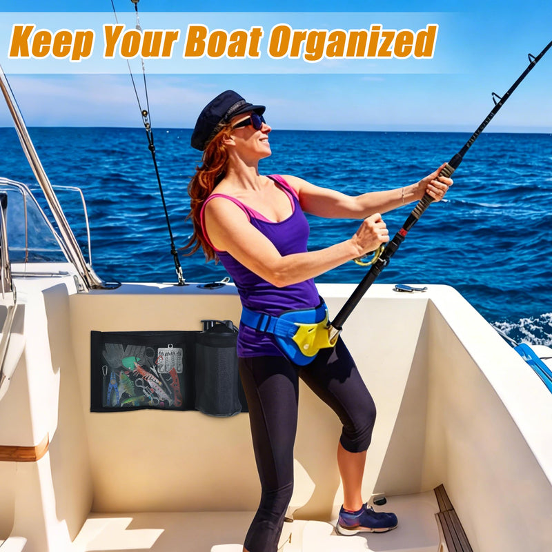 2 Pcs Boat Storage Mesh Bag with Cup Holder, 15.6"x 7.9" Self-Adhesive Boat Organizer Caddy for Marine Cabin Deck, Boat Storage Accessories with Strong Adhesive Backing, Keep Items Secure and Tidy ﻿