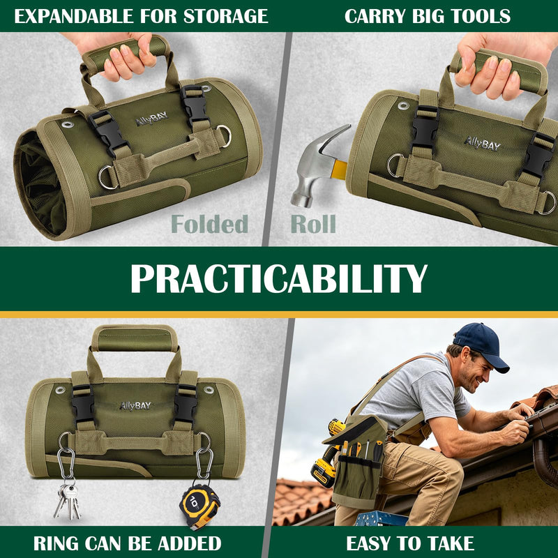 Tool Roll Up Bag Organizer, Heavy Duty Waterproof Tool Roll Bag with Detachable Pouches, Portable Tool Organizer for Mechanic, Electrician, Car Truck Motorcycle Tool Storage, Green
