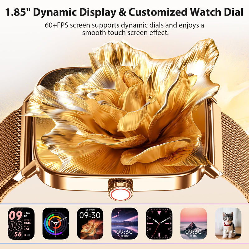 Gydom smart Watches for Women, 1.85" HD Fitness Tracker with Bluetooth Call | 110+ Sports Modes, Heart Rate, SpO2, Sleep & Stress, IP68 Waterproof, 7-10 Day Battery, Android/iPhone, Gold Steel Band Rose Gold 1.85 inches