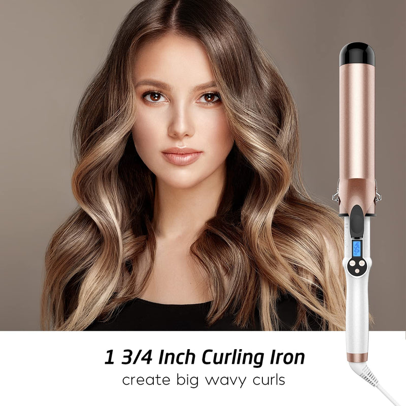 Hoson 45mm Curling Tongs Large Barrel Hair Curler, 1.5" Long Barrel Curling Wand Dual Voltage, Ceramic Tourmaline Coating with LCD Display, Glove Include