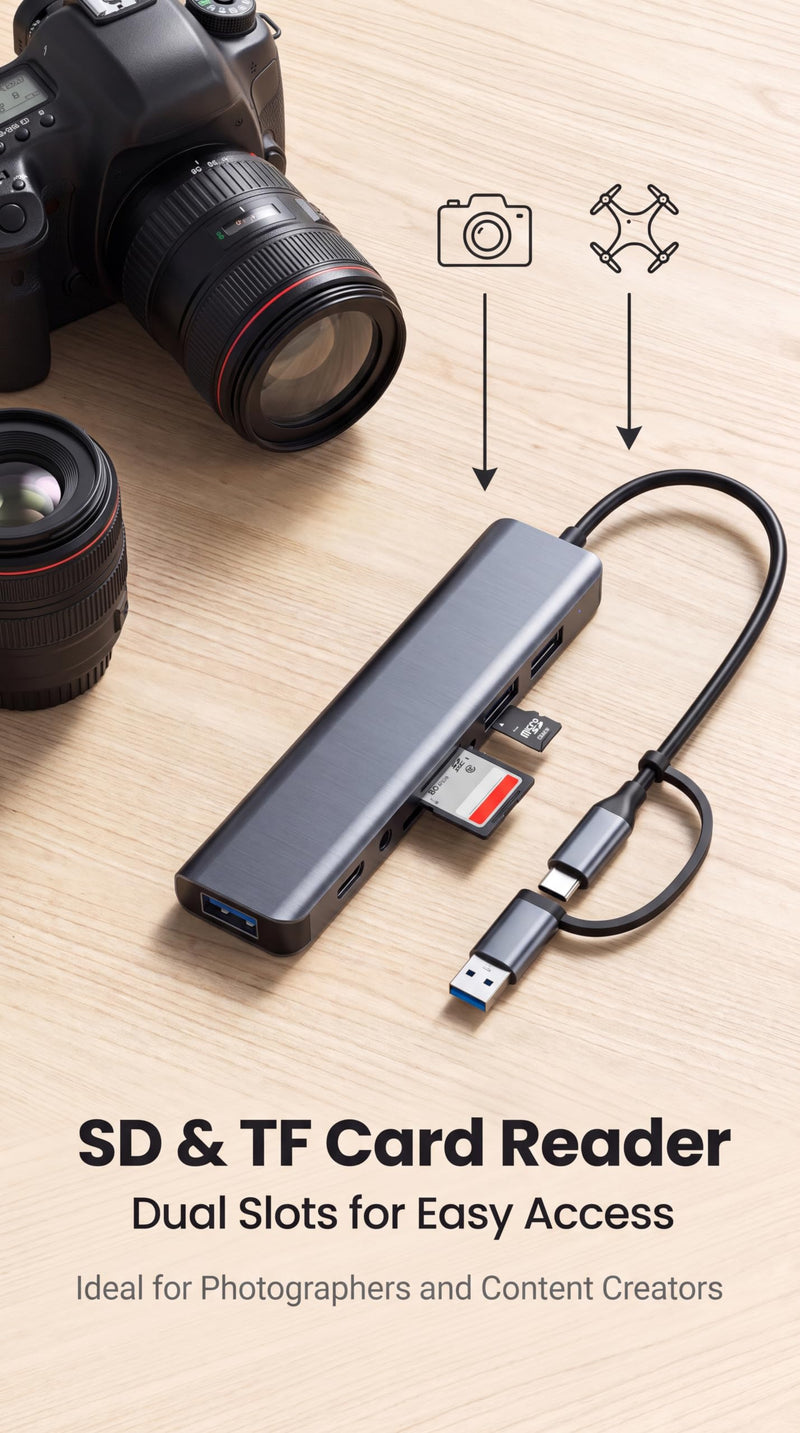 Eanetf 8-in-1 USB C Hub 2-in-1 Connector 4 USB A for Laptop Mac | 2-in-1 USB-A/USB-C connector, 1x USB 3.0 + 3x USB 2.0 + USB-C data, SD/TF dual card slots, 3.5mm audio jack, Plug and play