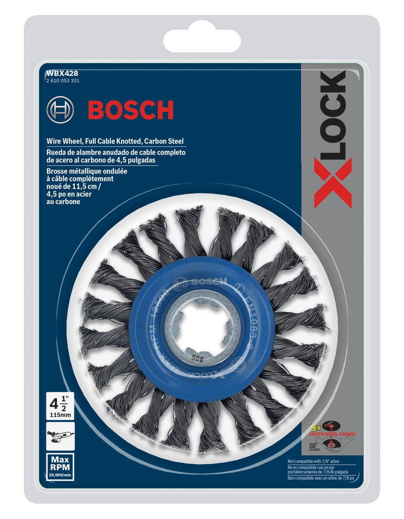 BOSCH WBX428 4-1/2 In. X-LOCK Arbor Carbon Steel Full Cable Knotted Wire Wheel For Applications in Difficult Brushing in Tight Places for Cleaning Welds Carbon Steel Wire Wheel 4-1/2 In.