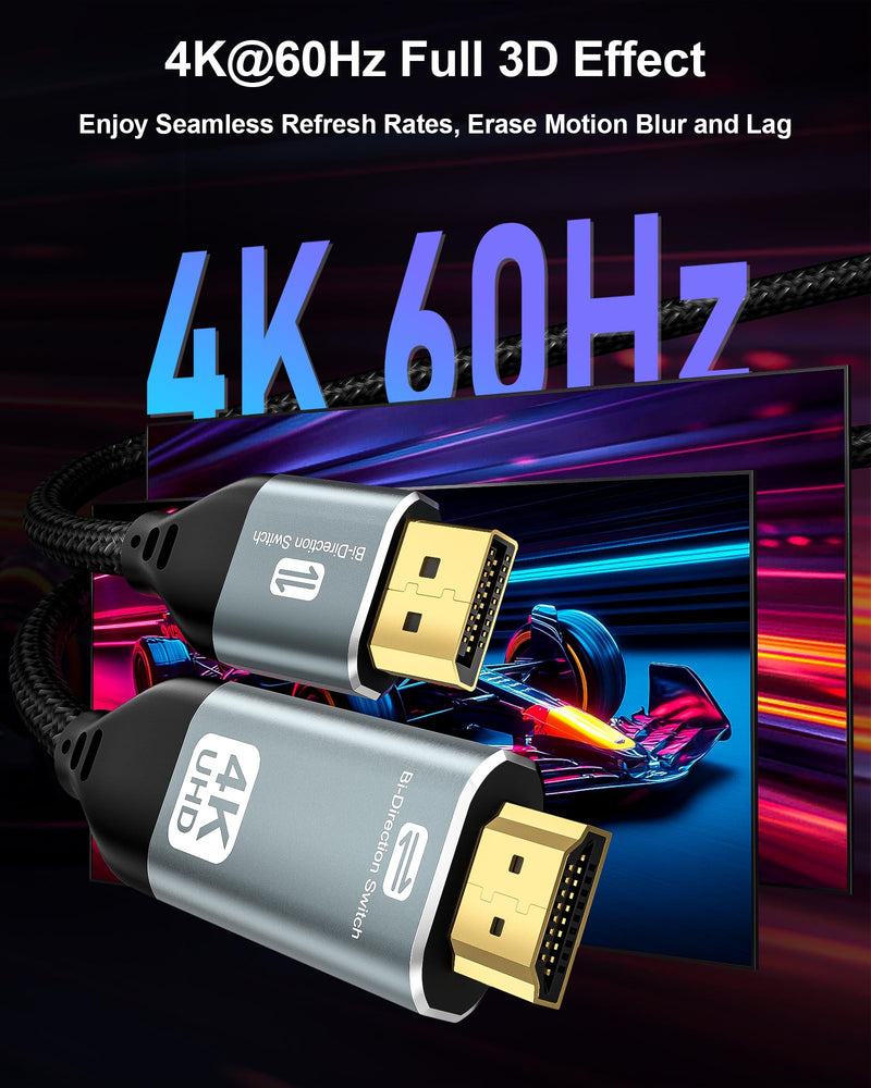 4K Bidirectional HDMI to Displayport Cable 5Ft (4K@60Hz/2K@120Hz) Male to Male Adapter Bidirectiona Display Port to HDMI Braided Cord, DP to HDMI Compatible with PC,Laptop,AMD,NVIDIA,PS5,Xbox 5 Feet
