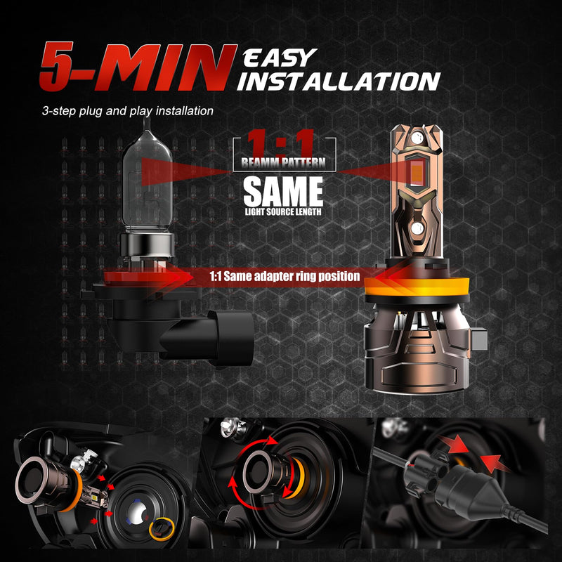 Upgraded H11/H9/H8/H16 Light Bulbs, 36000LM Super Bright 6500K 800% Brighter, Plug and Play Quick Installation, IP68, Long Service Life with Cooling Fan (Pack of 2)