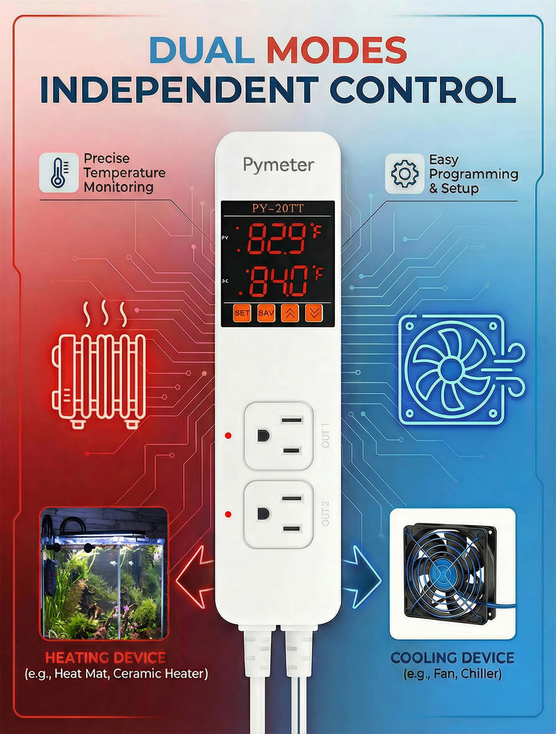 Digital Temperature Controller Dual Probe Reptile Thermostat Controlled Outlet for Terrarium Heat Mat Heating Pad, Switch Cooling Fan Freezer Fridge ON & Off at Setpoints 10A 1200W PY-20TT-10A