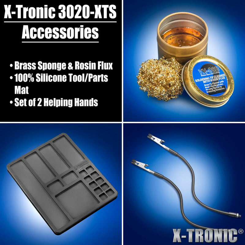 The Original X-Tronic 3020-XTS • 75W Soldering Iron Station Kit • 2 Helping Hands • Silicone Tool Mat • 5 Extra Tips • 50g Roll of Solder • Brass Sponge • Cleaning Flux • C/F Conversion • Auto Sleep! Classic Style - 5 Extra Solder Tips