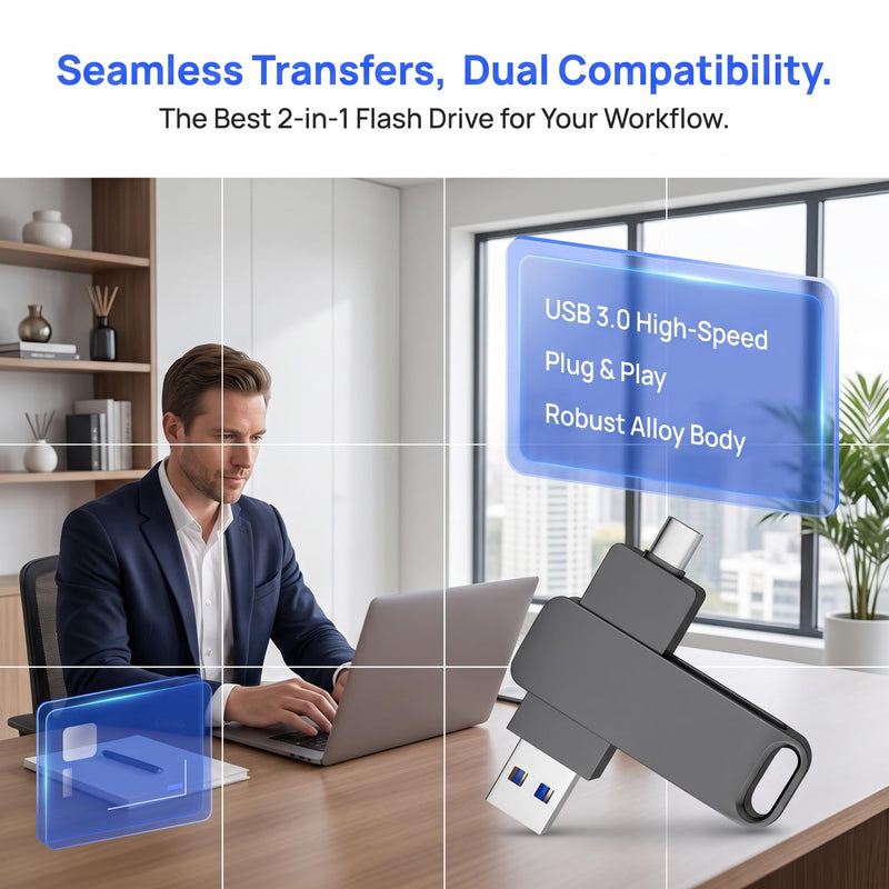64GB Dual Interface USB 3.0 & Type-C Flash Drive 360°Rotating Zinc Alloy Metal OTG Memory Stick for Phone & PC-Gray Gray 64G